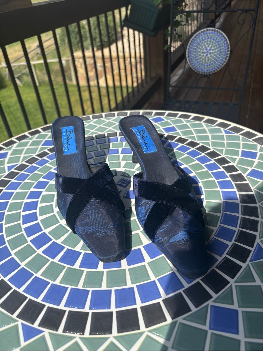 Blue Dragon Blue Velvet and Satin Evening Mules